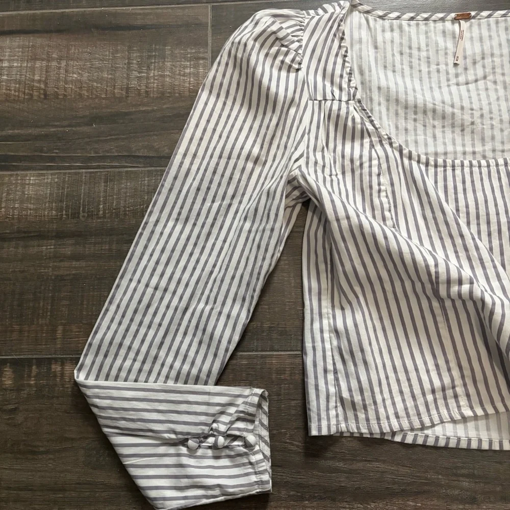 Free People Caroline Striped Long Puff Sleeve Blouse Top